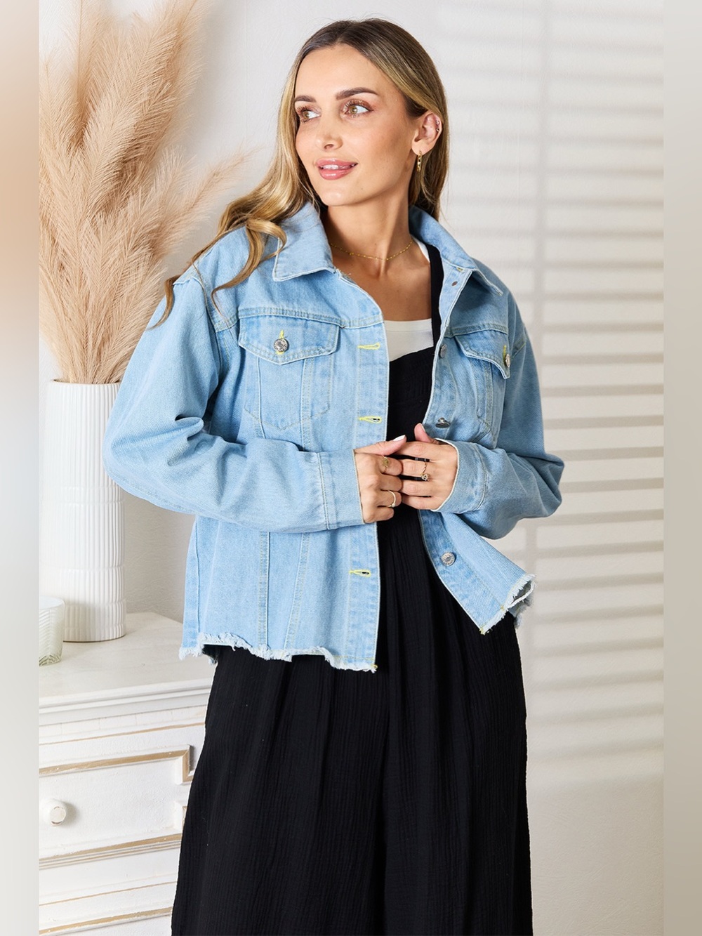 Double Take Dropped Shoulder Raw Hem Denim Jacket
